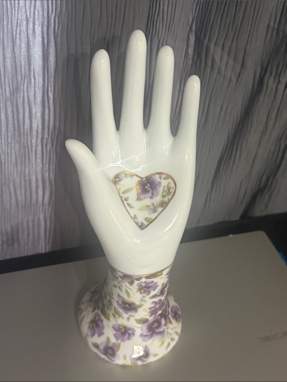 Ceramic Hand Jewelry Holder with Purple Floral Heart